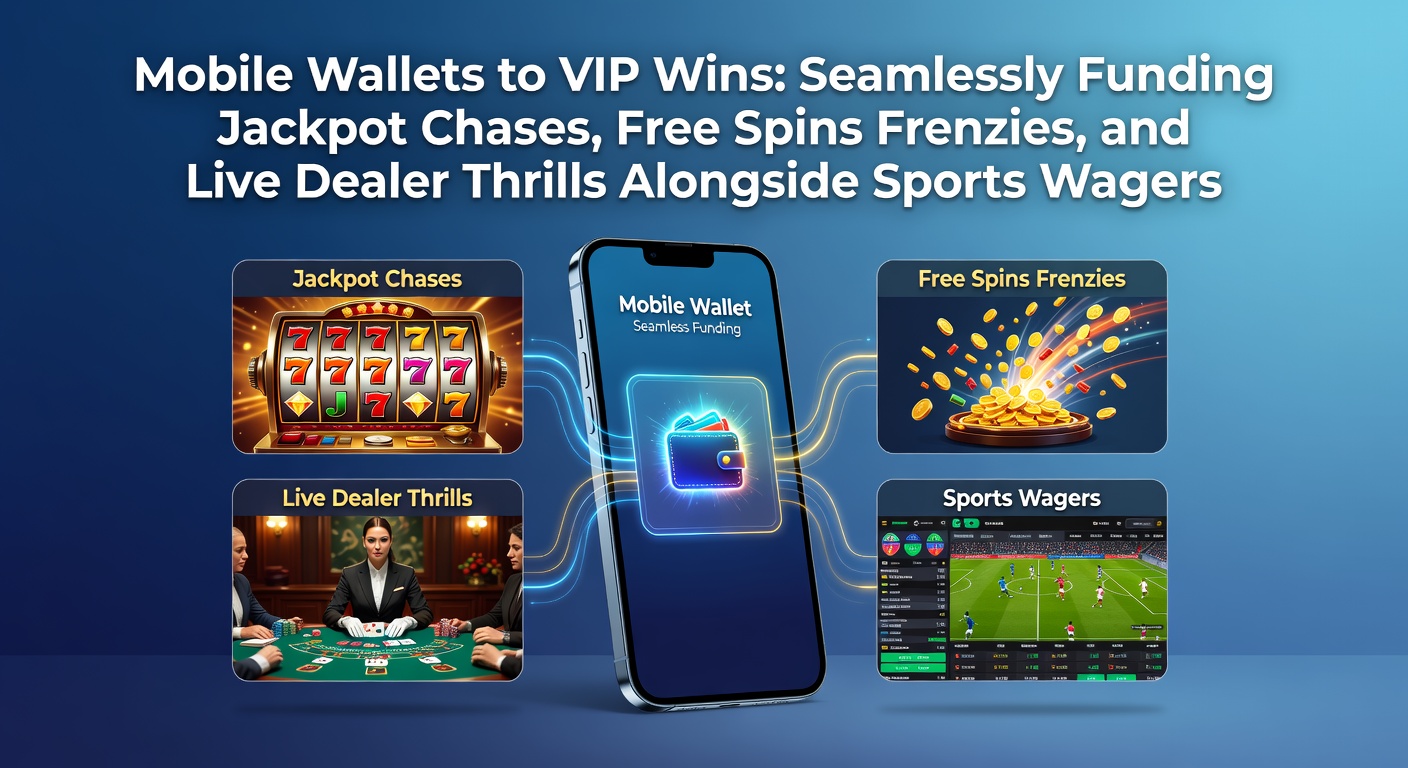 Smartphone mit offener Mobile Wallet-App, die Zahlungen an ein Online-Casino und Sportwetten-Plattform zeigt, umgeben von Symbolen für Jackpots, Free Spins und Live-Dealer-Tische