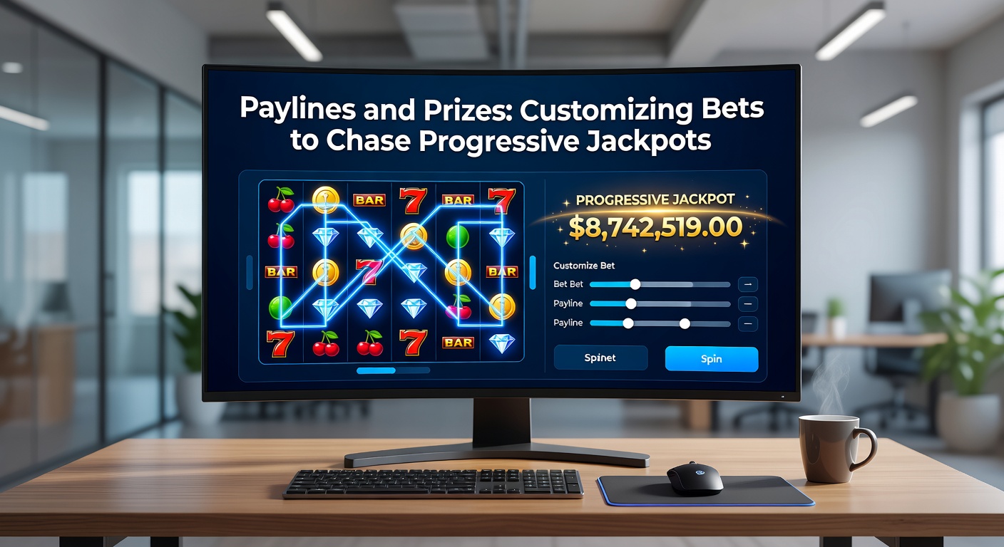 Screenshot eines Slot-Menüs mit anpassbaren Bet-Optionen, Payline-Auswahl und steigendem progressivem Jackpot-Meter