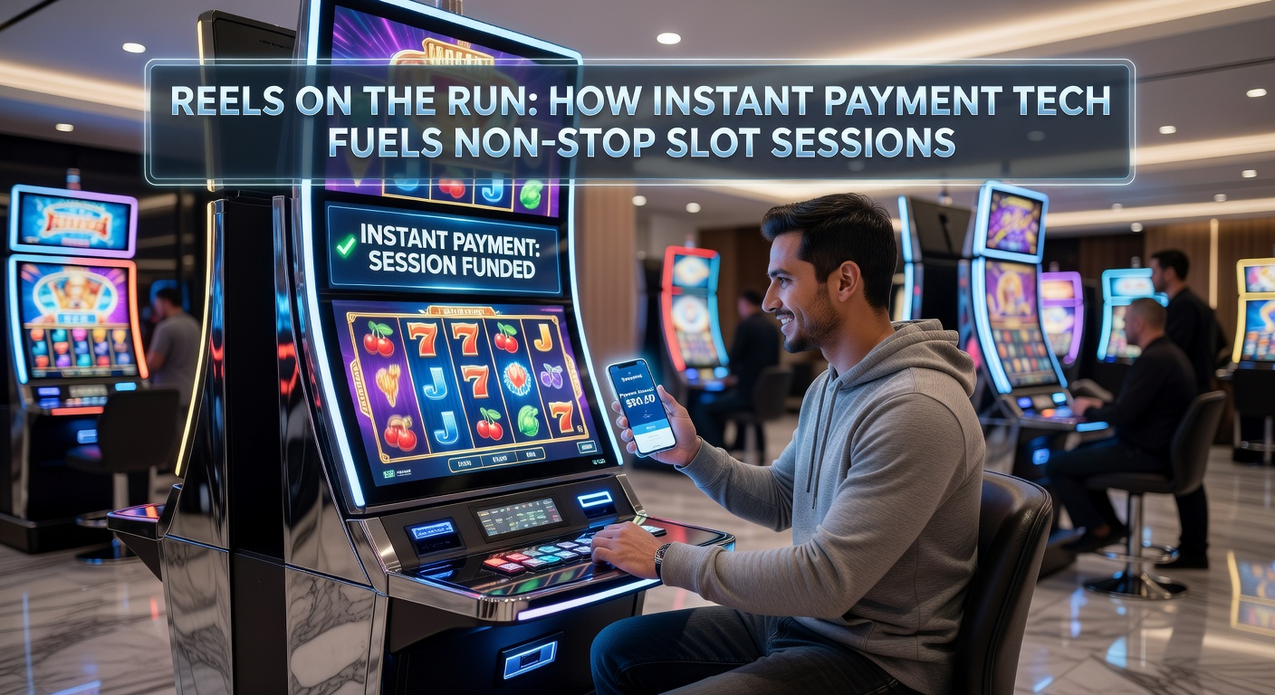 Grafik einer Slot-Maschine mit integrierten Zahlungs-Symbolen wie Blitzpfeilen und Wallet-Icons, die Geschwindigkeit und Kontinuität betonen